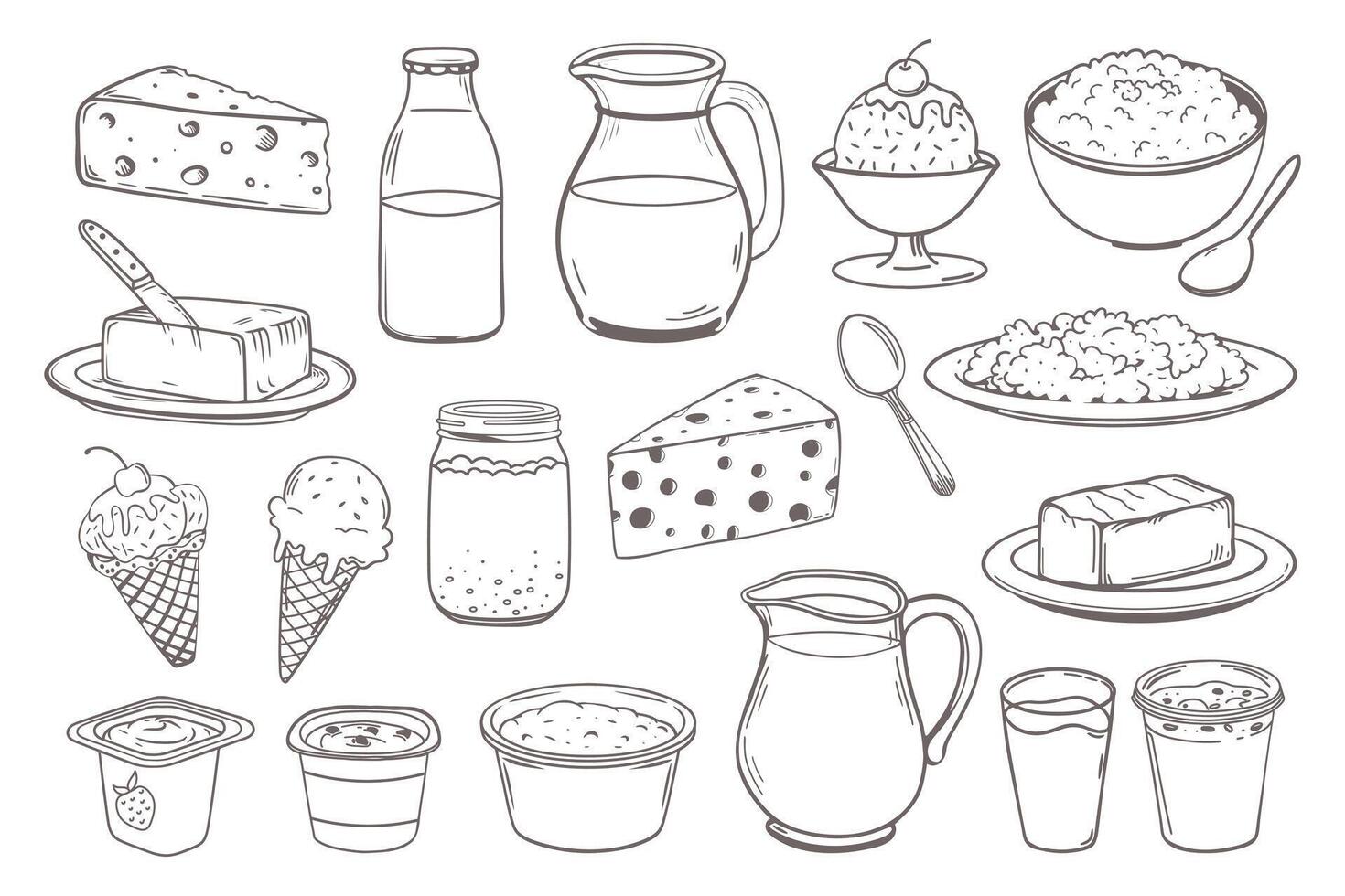 Milk products set. Hand drawn dairy products. Milk, cheese, yogurt, sour cream, ice cream, butter. Doodle sketch icons. vector