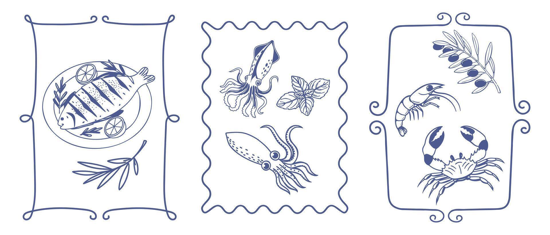 Set of hand drawn posters frames with simple mediterranean food. Fish seafood olives. Ink doodle sketch. Vintage illustrations for restaurant menu. vector