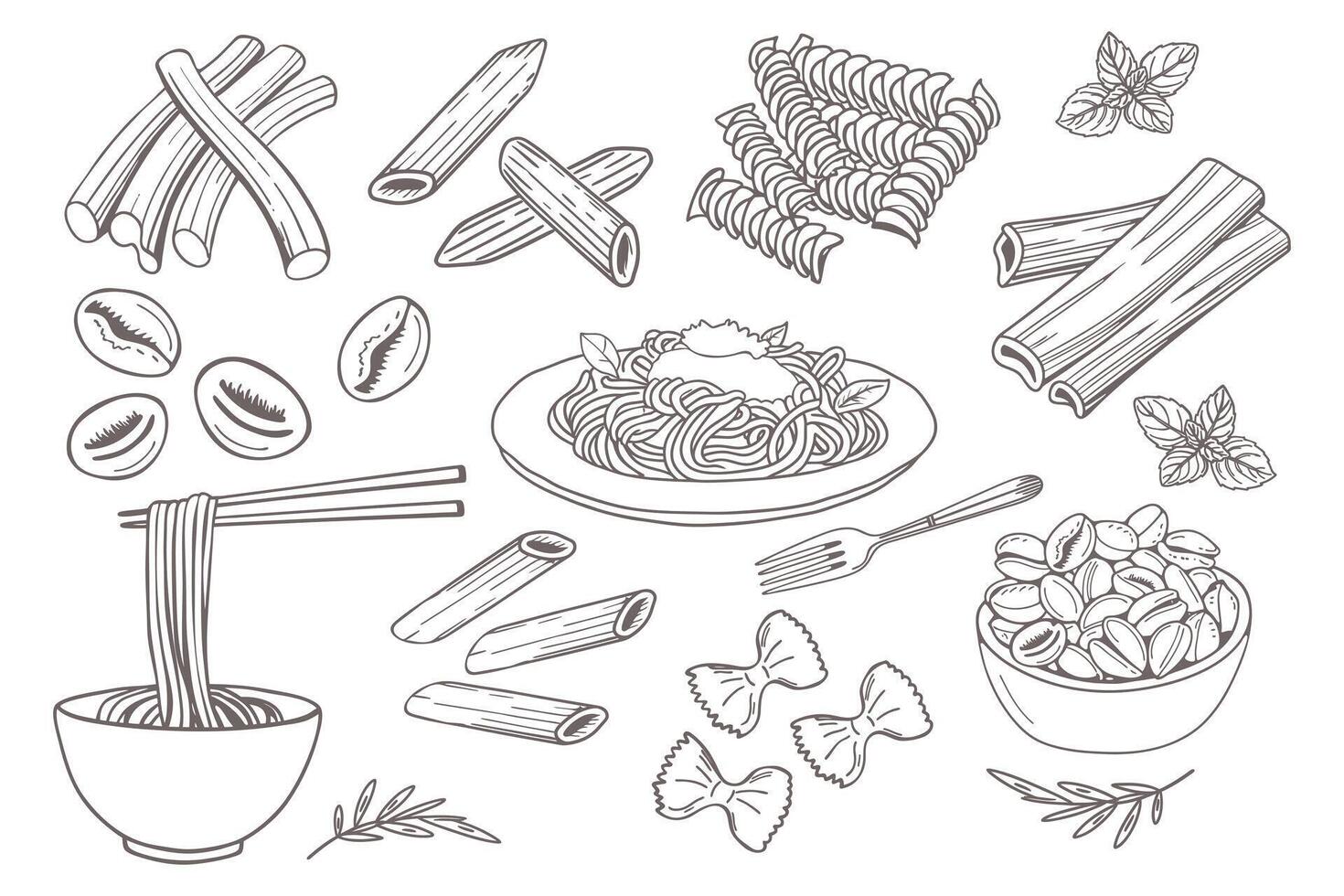 Minimalist hand drawn pasta set. Various Mediterranean spaghetti. Italian food illustrations for cafe or restaurant menu. Doodle sketch icons. vector