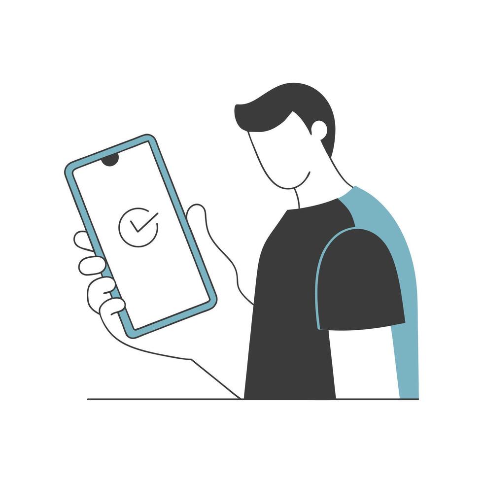 Man holding a smartphone with a check mark on the screen. Minimalist illustration. vector