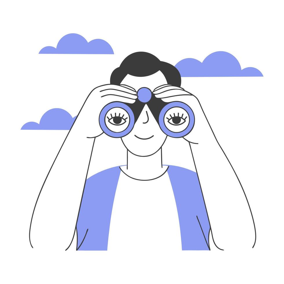 Man looking through binoculars in search of future opportunities and new ideas. Minimalist illustration. vector
