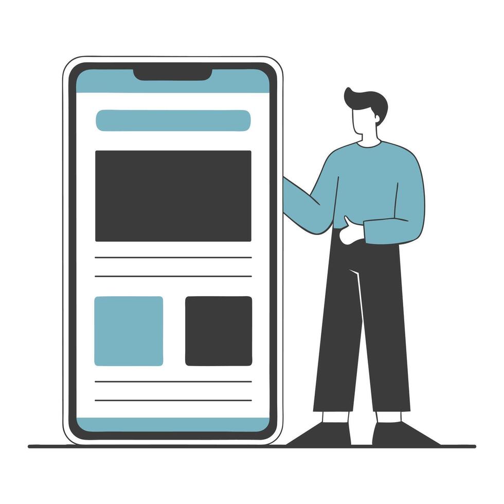 Young man demonstrating a mobile app on a smartphone screen. Social media and digital marketing theme. Minimalist illustration. vector