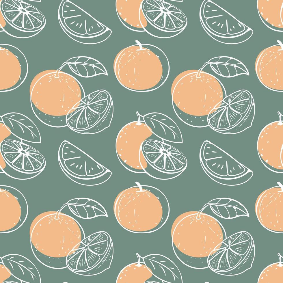 Oranges and slices with leaves seamless pattern. Hand drawn citrus outline on green background. Illustration. vector