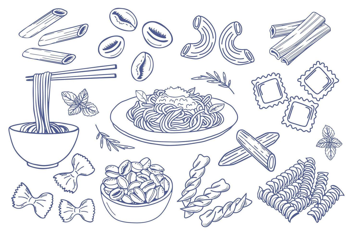 Hand drawn pasta set. Various Mediterranean pasta. Italian food illustrations for cafe or restaurant menu. Doodle sketch icons. vector