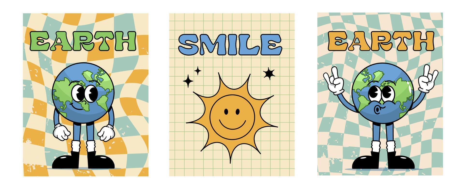 Groovy Earth Day cartoon character giving peace signs with checkerboard vintage background retro 70s comic style for environmental celebration and eco awareness vector
