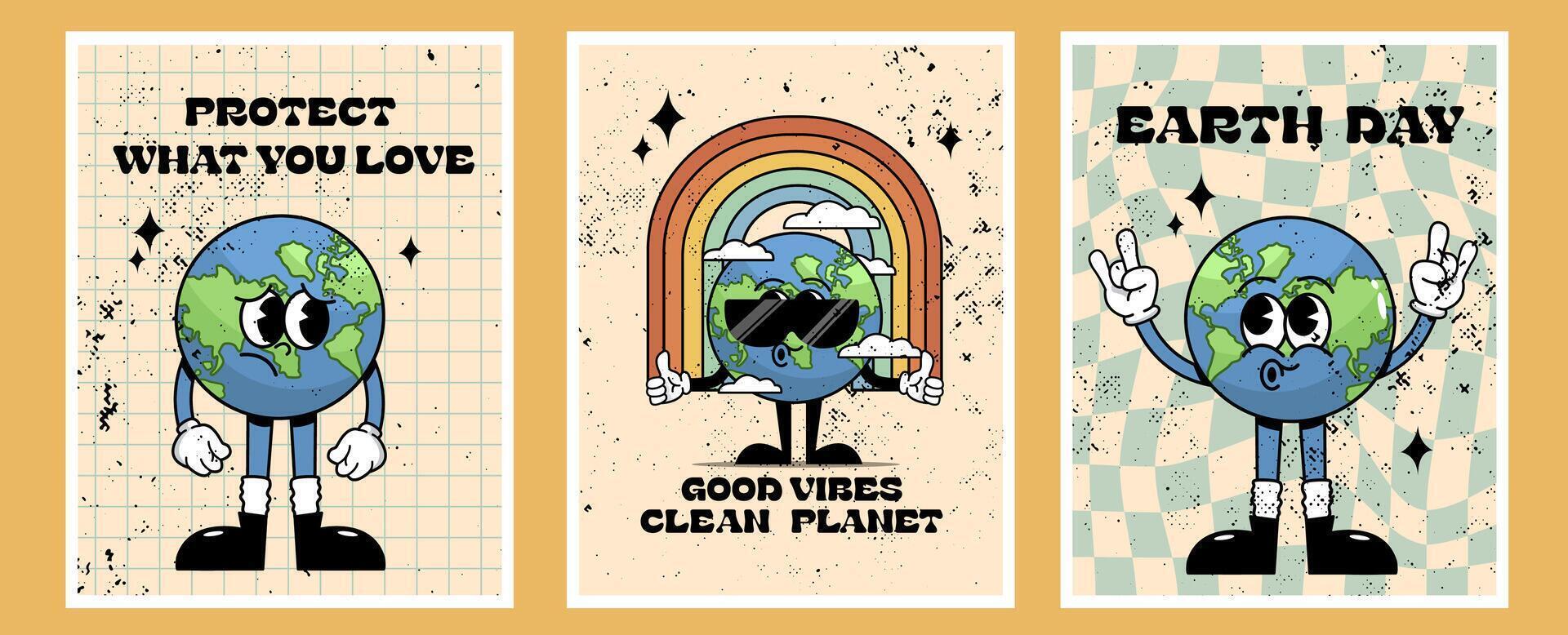 Protect what you love retro Earth cartoon poster with bold planet protection message and distressed vintage texture in groovy 60s 70s style for environmental awareness and Earth Day designs vector