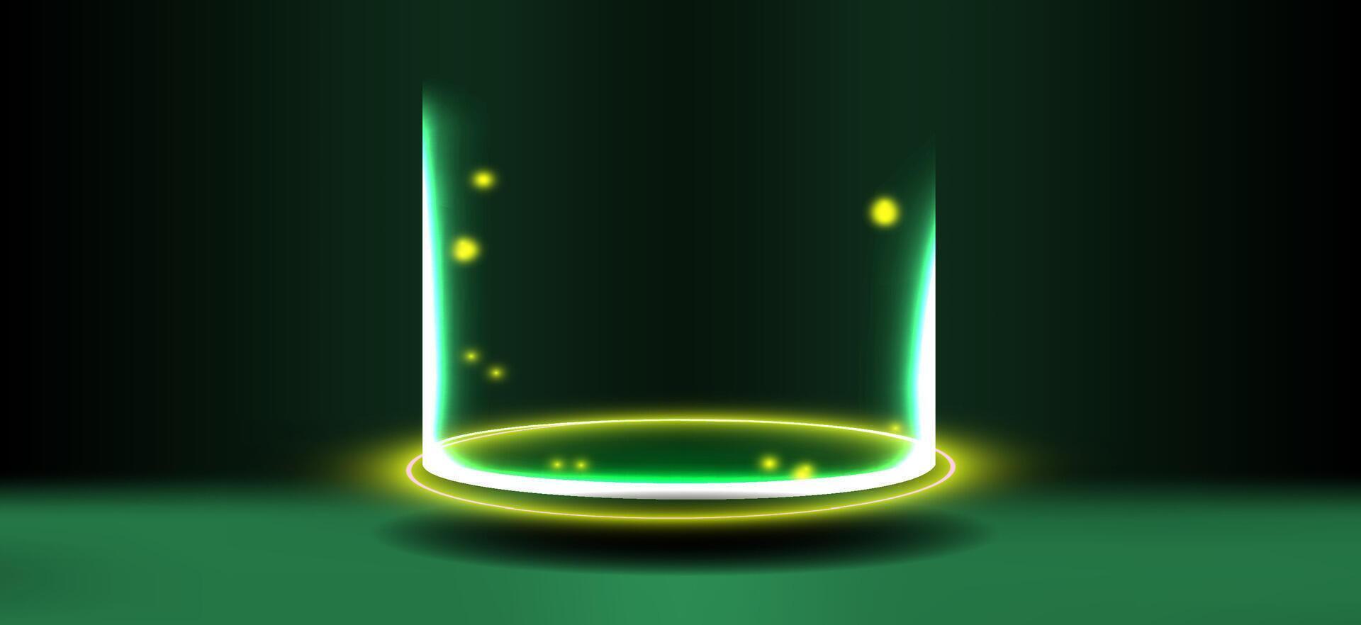 Light emanates from a glowing cylinder in a dark environment, creating a mysterious atmosphere with green and yellow hues. vector