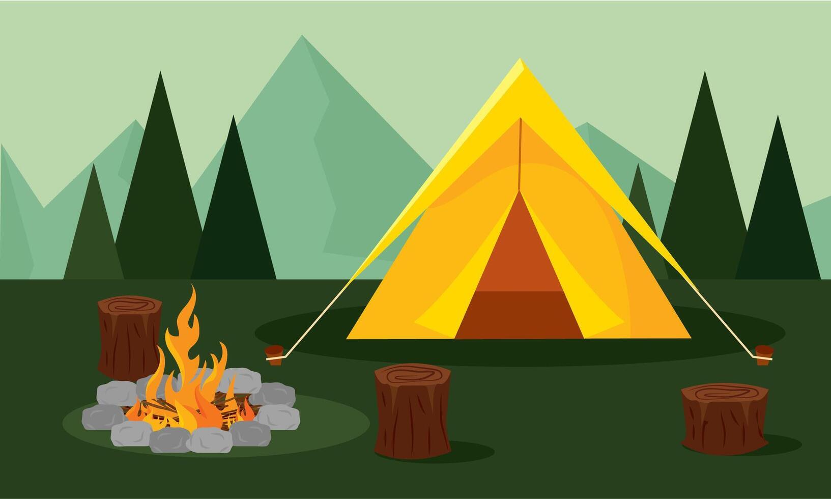 Tent with fire logs. vector