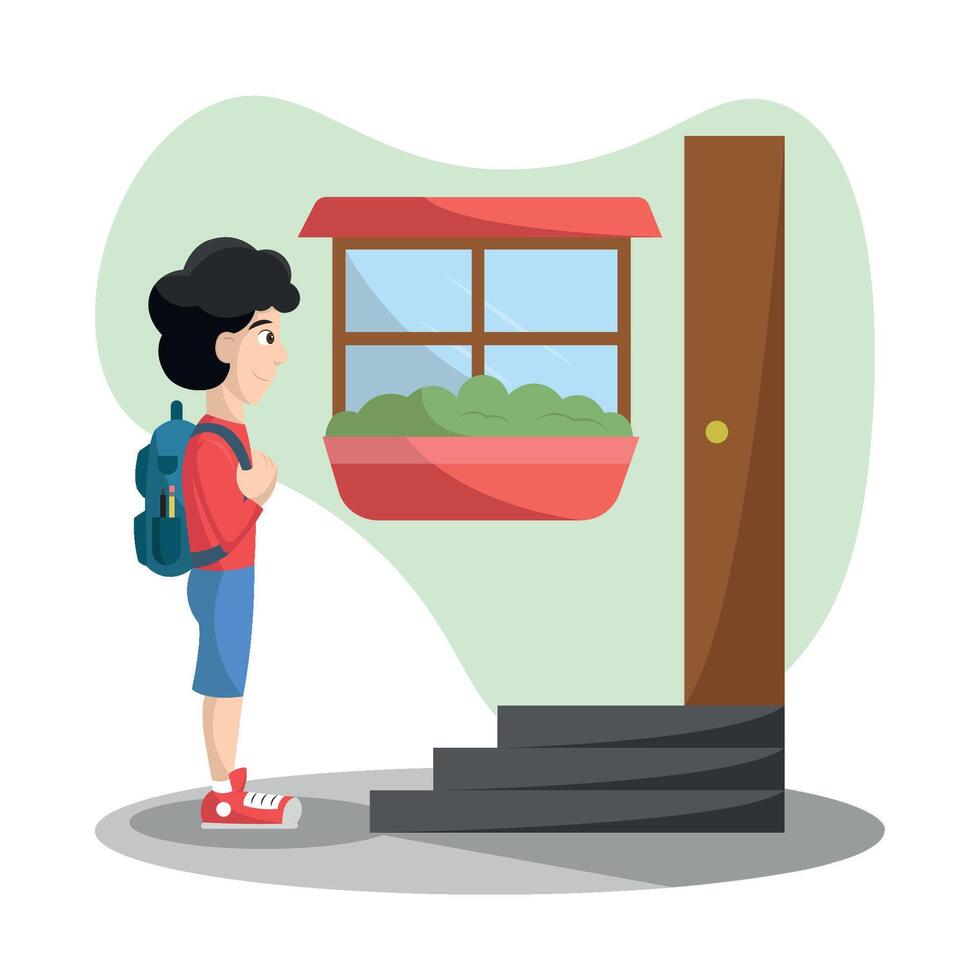 Student outside home door. vector