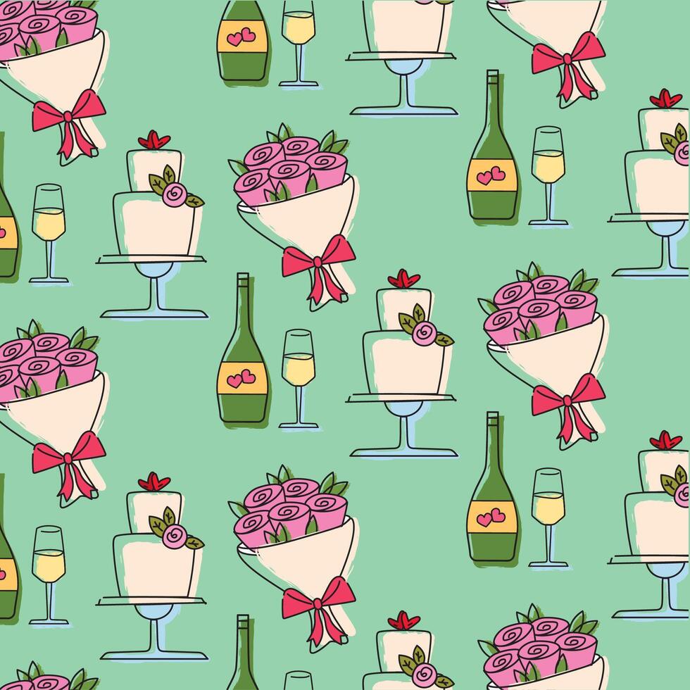 Bouquet cake and wine. vector