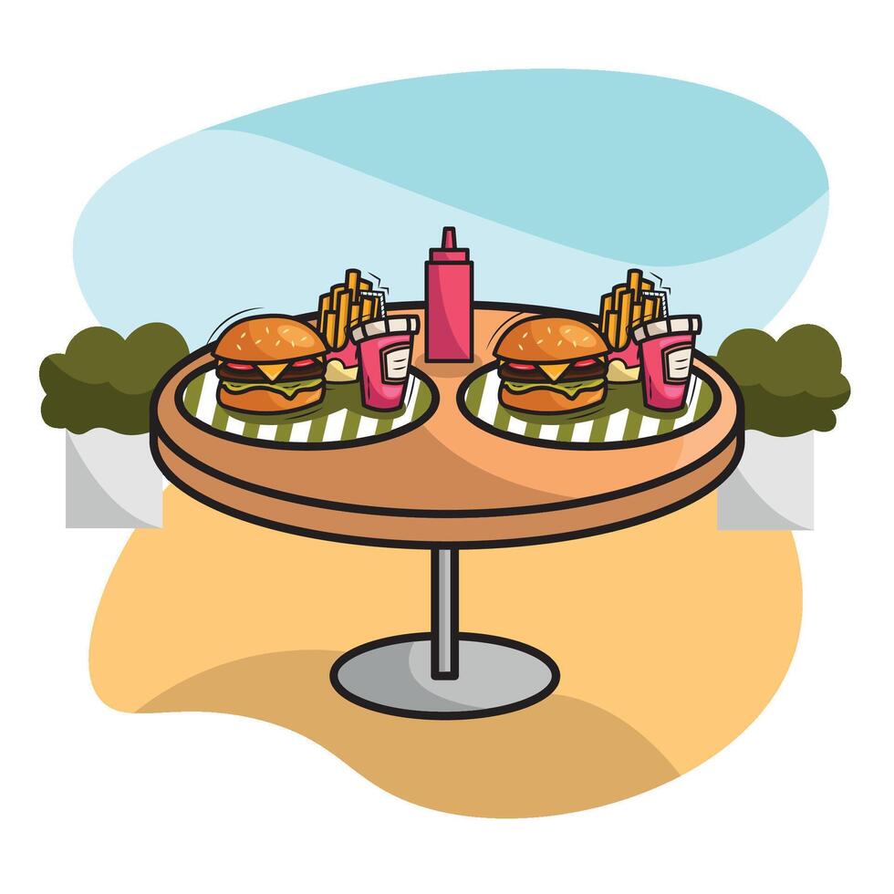 Outdoor burgers meal table. vector