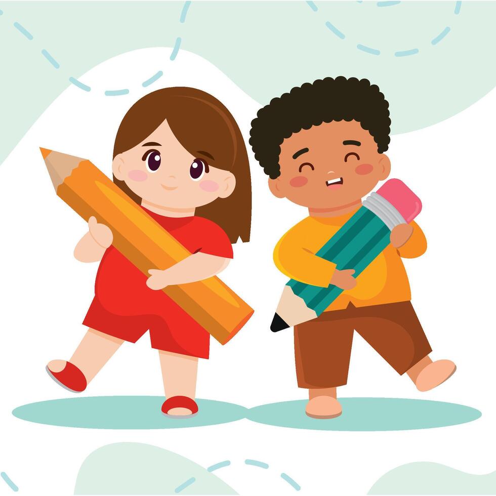 Kids with big pencils. vector
