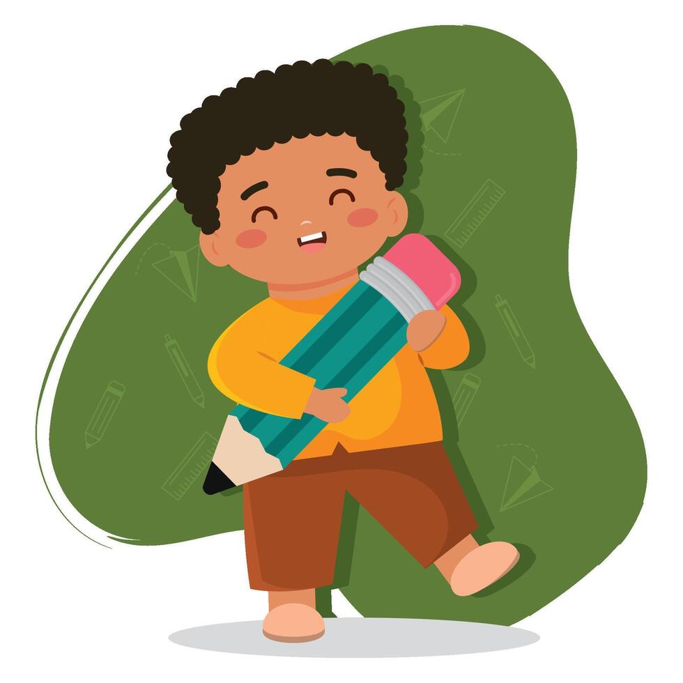 Boy carrying big pencil. vector