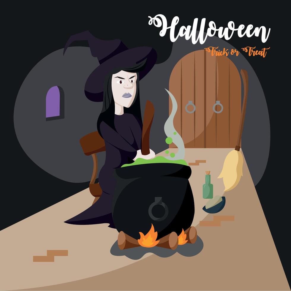 Witch stirring potion brew. vector