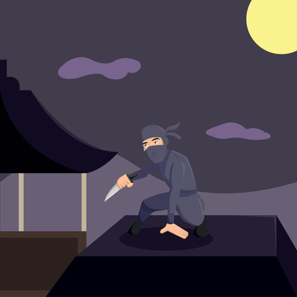 Ninja crouching rooftop. vector