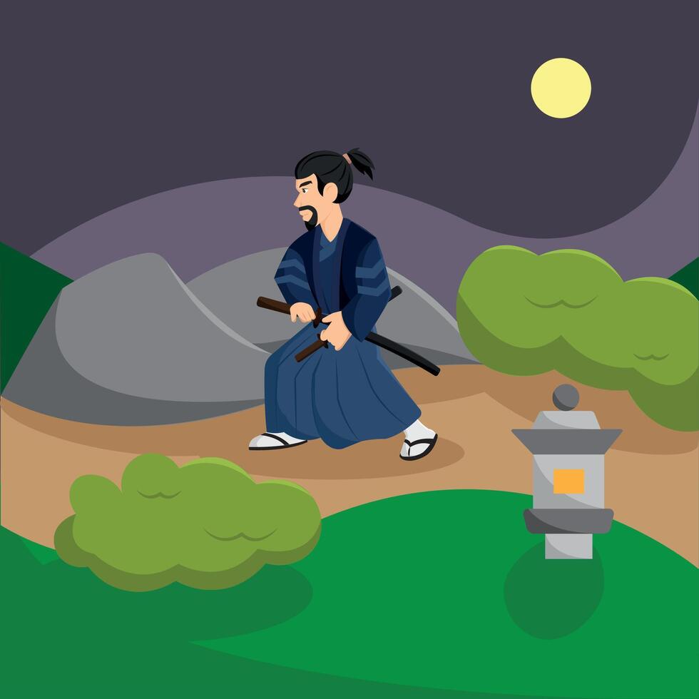 Samurai warrior night walk. vector