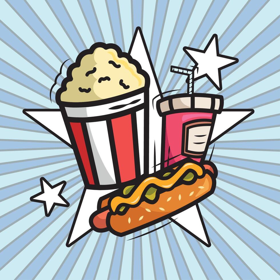 Popcorn hotdog soda burst. vector