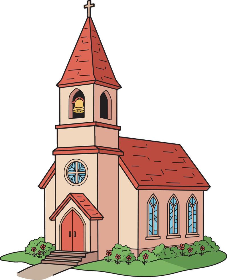 Cartoon church with red roof and bell tower illustration vector