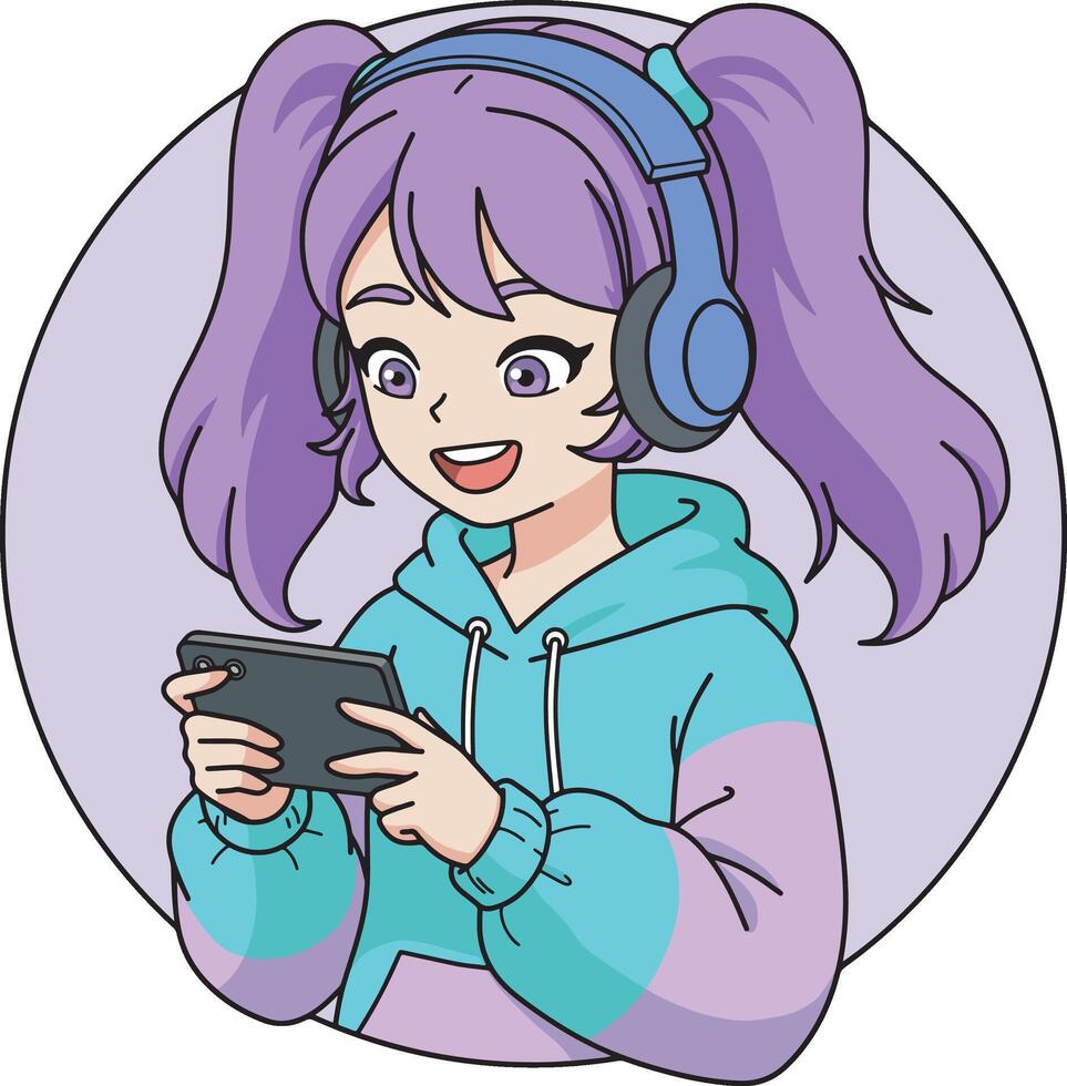 Anime girl playing a game on her phone illustration vector
