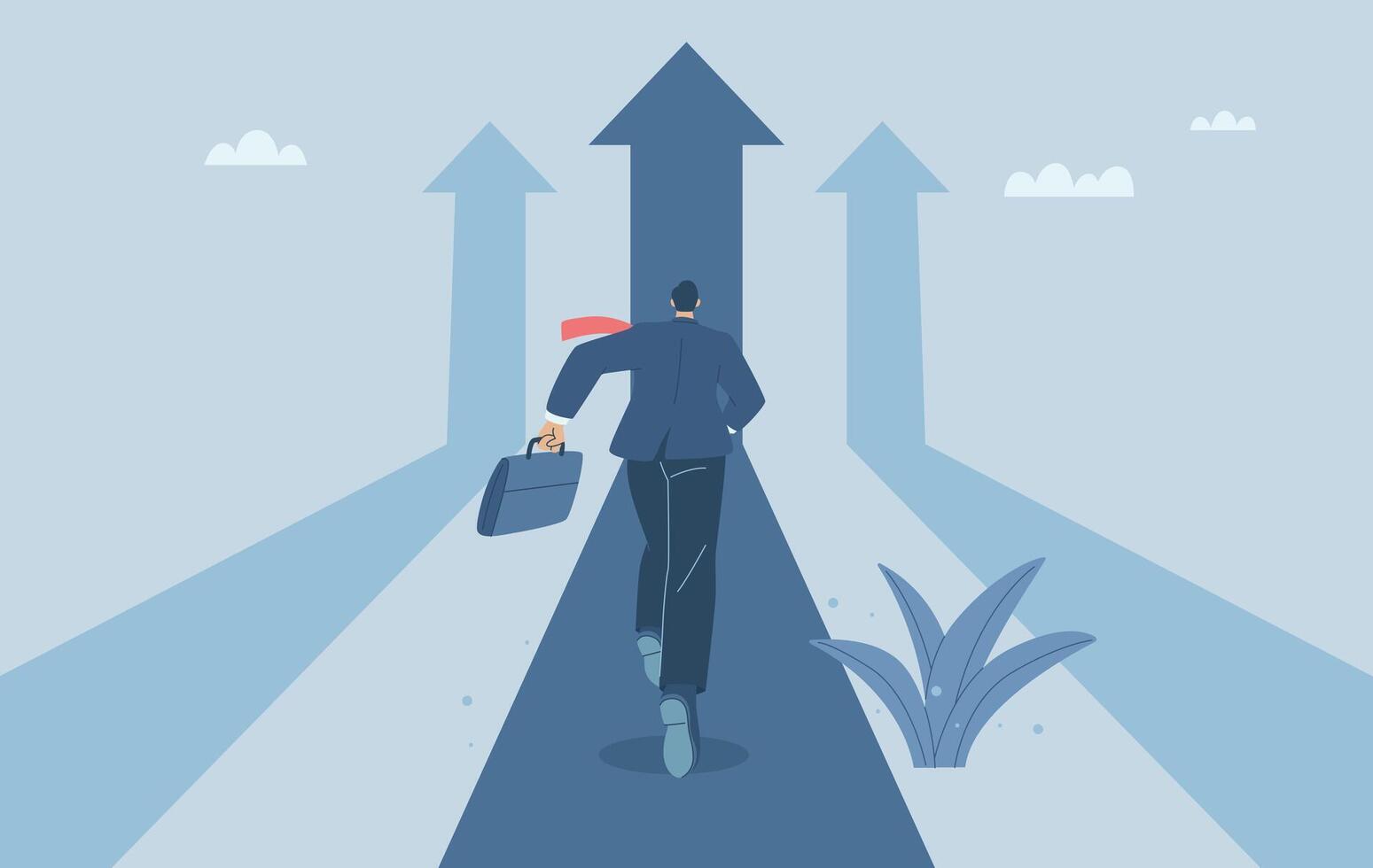 Road to success, Business growth, Skill or ability competition to succeed in a career or job, Businessman in suit holding briefcase running along arrow, Flat design illustration. vector