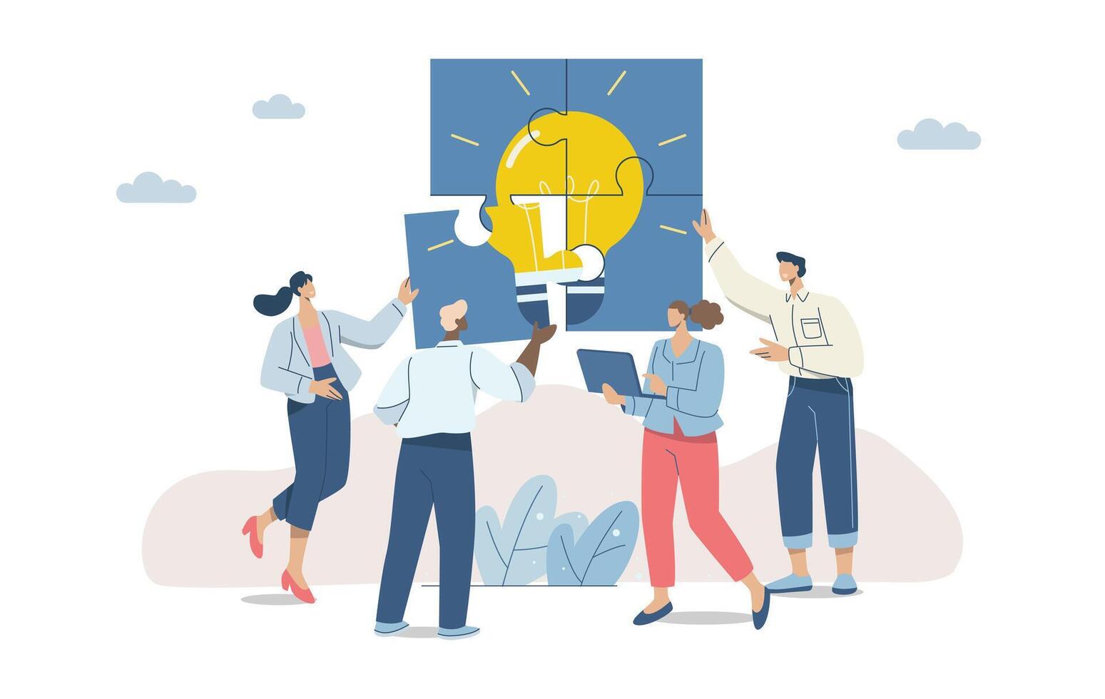 Team meeting to develop common ideas, Business team brainstorming, Teamwork with all employees involved, Business people connecting light bulb jigsaw puzzle together. Flat illustration. vector