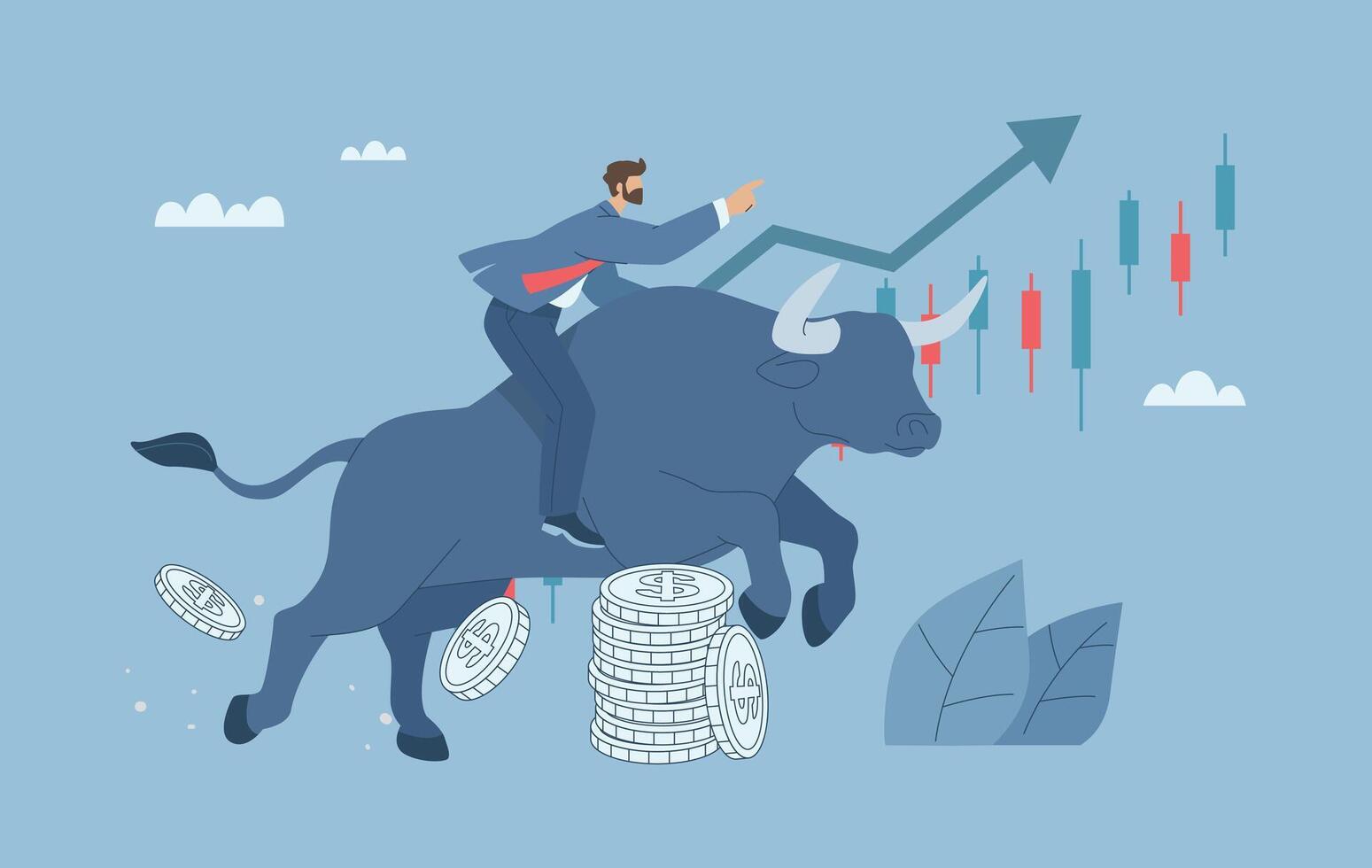 Bull markets, The stock price in the market is growing rapidly, Symbol of investment, Bullish trading, Rising charts, Profits, Growth, Investors riding a jumping bull. Flat design. vector