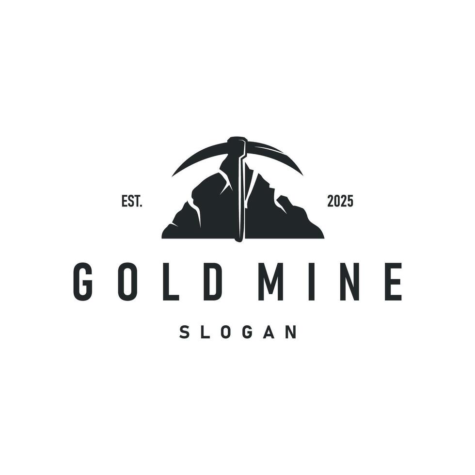 mining logo design simple gold mountain mining with worker hat, pickaxe tool, vintage retro template illustration symbol vector