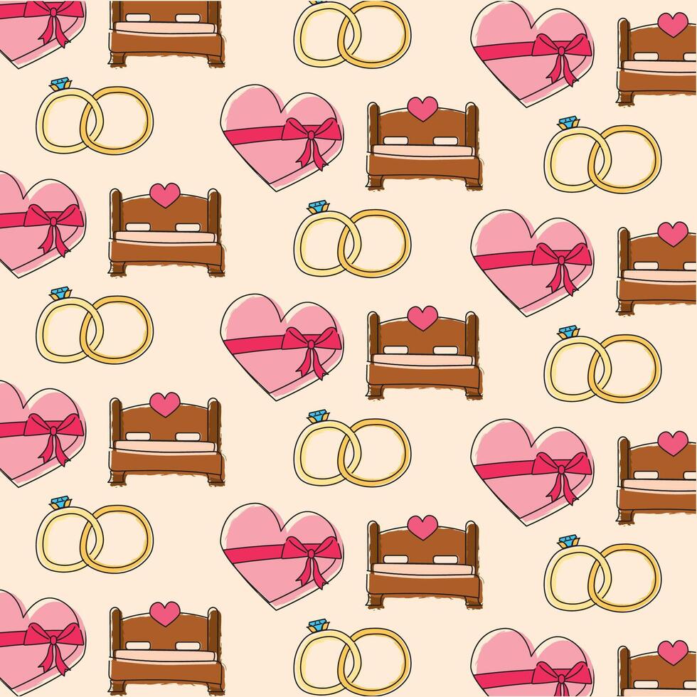 Hearts rings and bed. vector