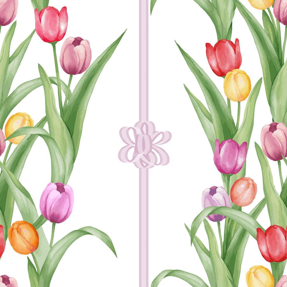 Watercolor style tulip and ribbon seamless pattern isolated on white background. vector