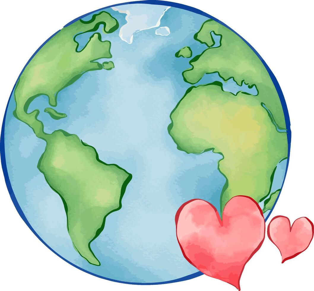 Watercolor style earth illustration with outline and hearts for earth day campaign. vector