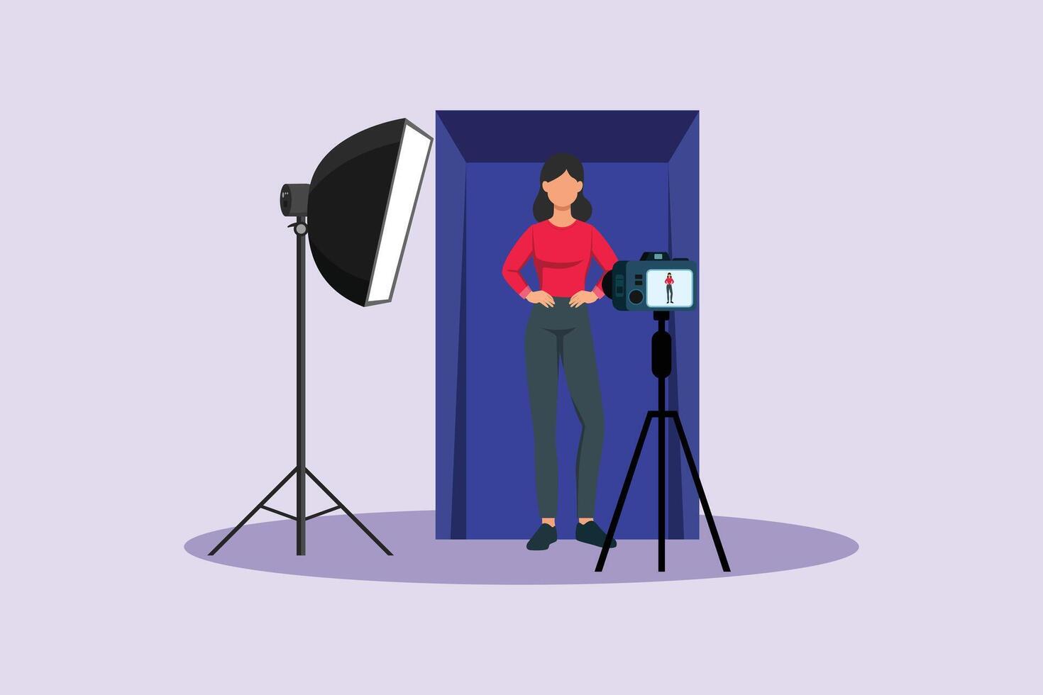 Woman posing during photo box session. Photo Box Session Concept. Colored flat illustration isolated vector