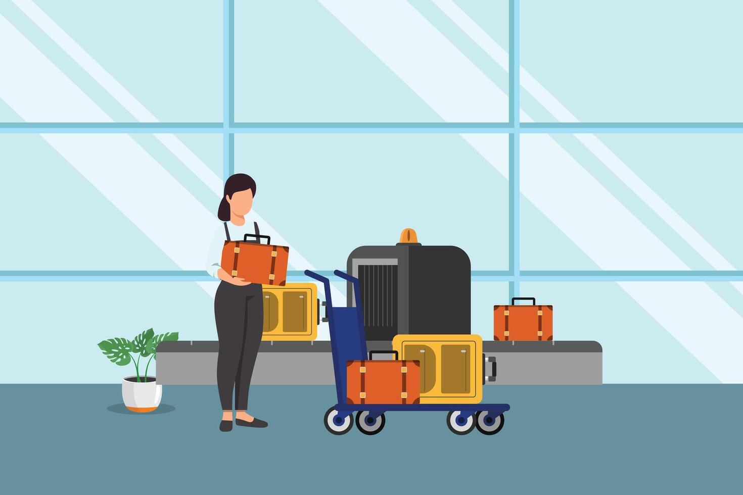 Woman taking luggage at airport. Airport activity Concept. Colored flat illustration isolated vector