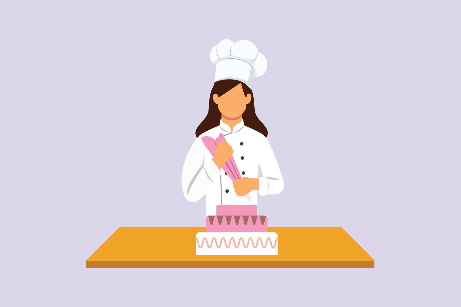 Female chef activity decorating cake. Chef activity Concept. Colored flat illustration isolated vector