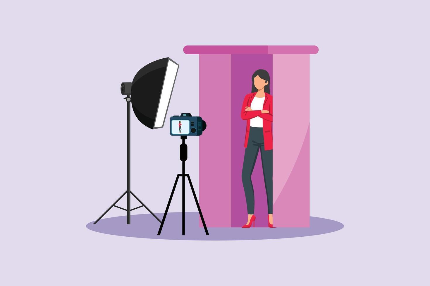 People posing during a photo box session. Photo Box Session Concept. Colored flat illustration isolated vector