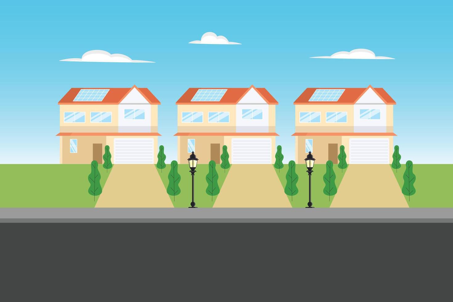Housing with garage. Housing area Concept. Colored flat illustration isolated vector