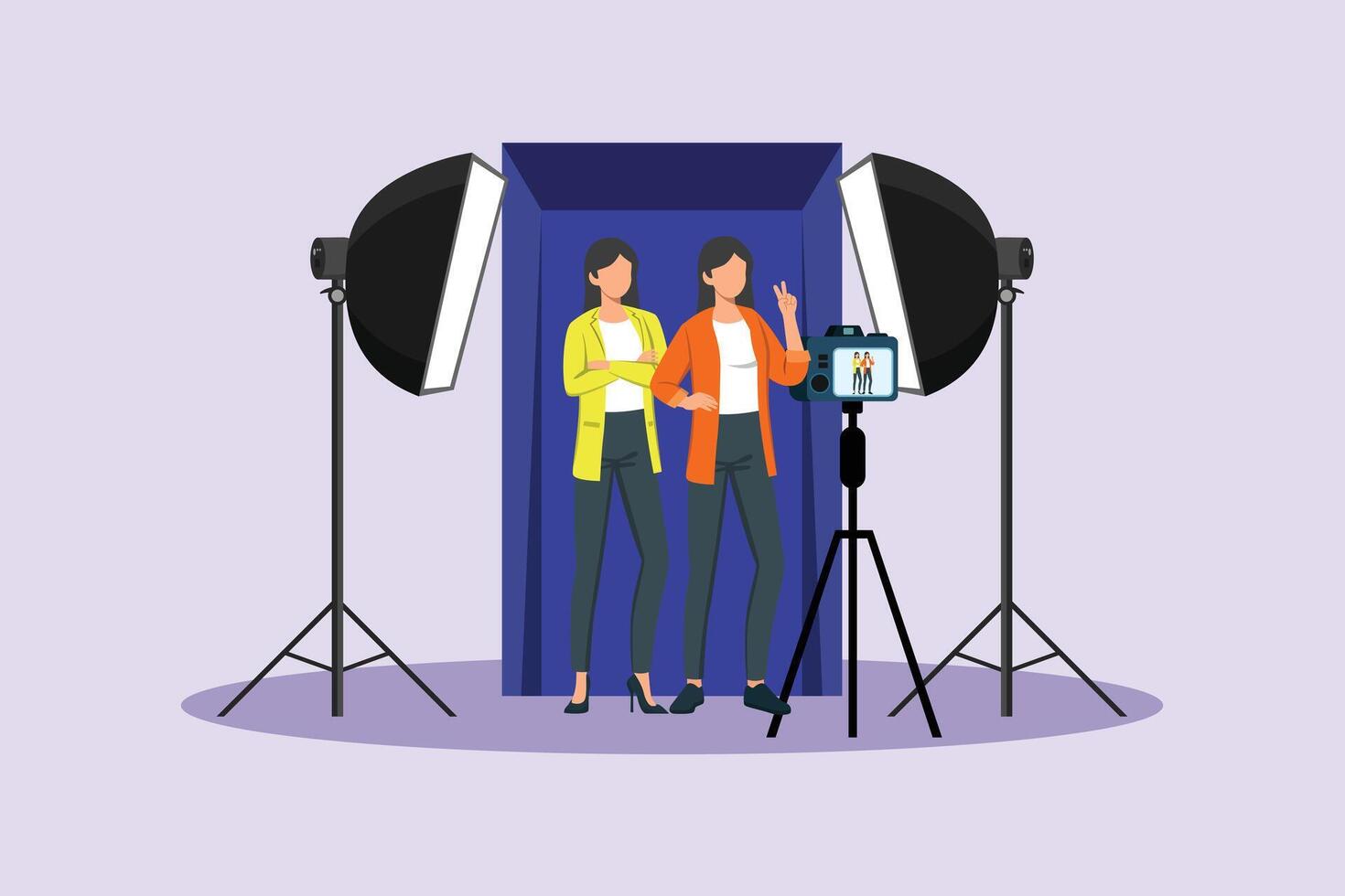 Couple taking photos together photo box. Photo Box Session Concept. Colored flat illustration isolated vector
