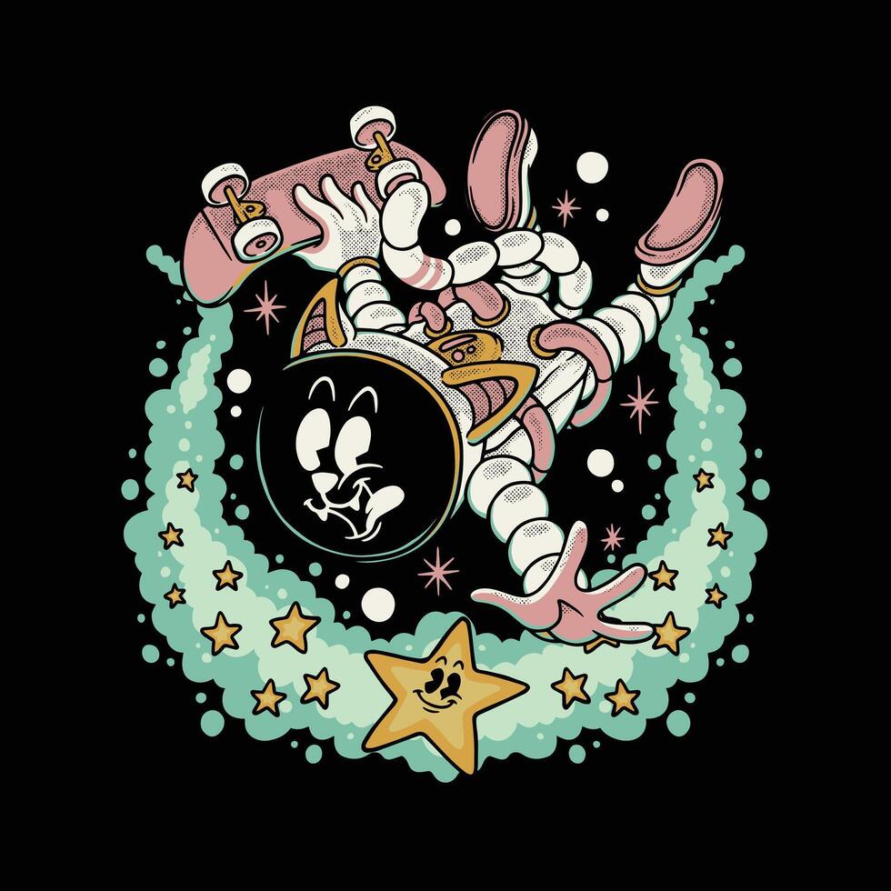 astronaut skateboarder cat retro cartoon mascot vector
