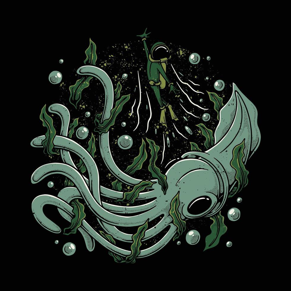 diver running from giant squid retro cartoon illustration vector