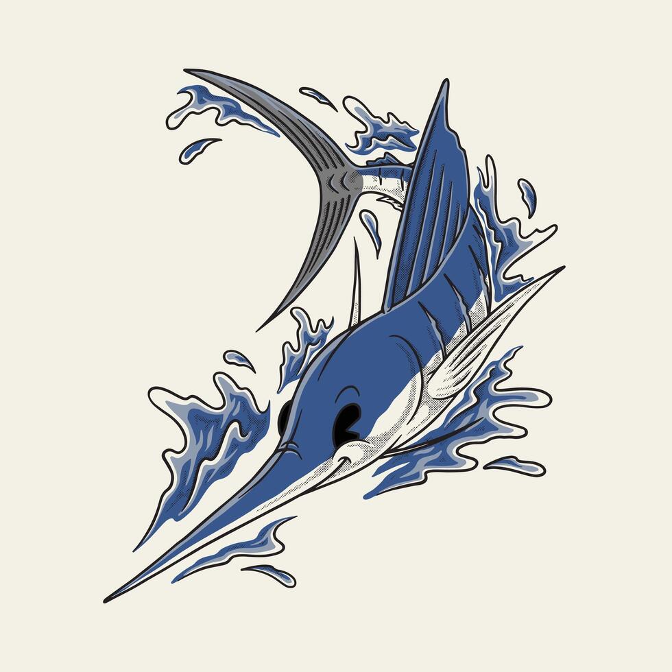 retro carton blue marlin fish illustration vector