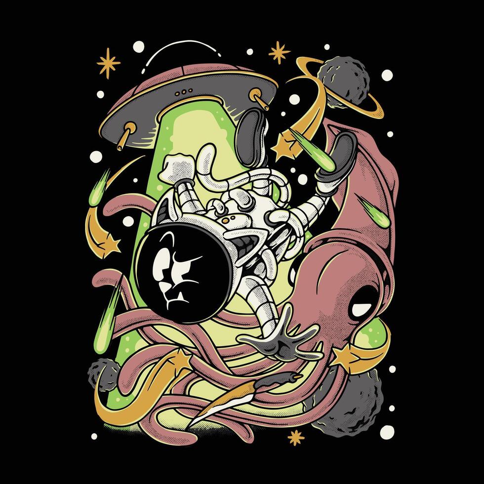 adventure of astronaut cat vs alien giant squid retro cartoon illustration vector