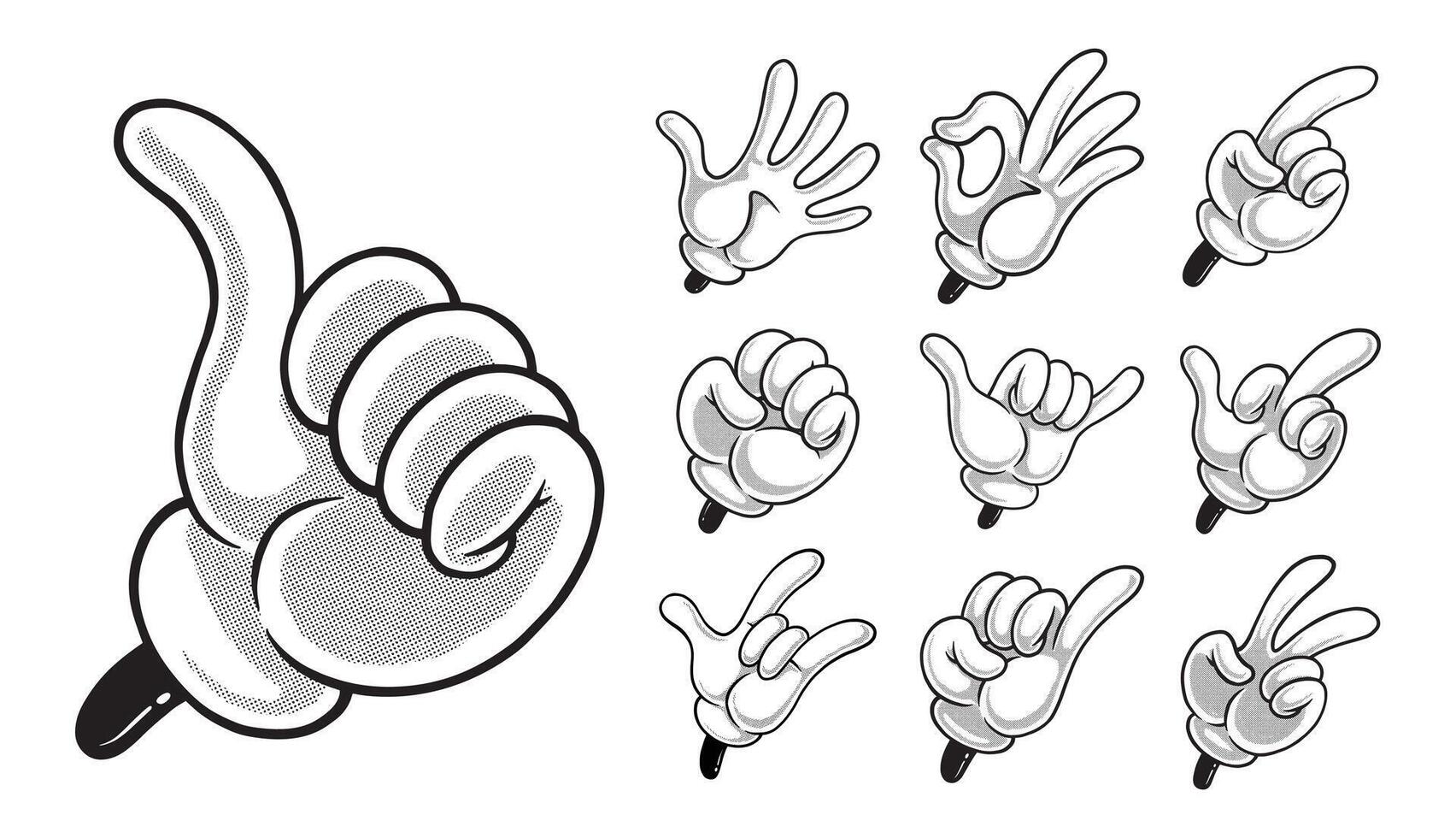 cartoon hand signs bundle in retro style vector