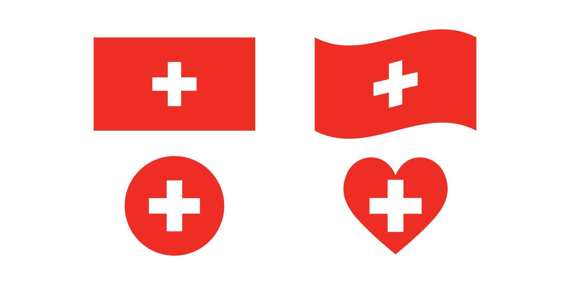 Variations of the Swiss flag design a rectangular flag, a waving flag, and a heart shaped flag. vector