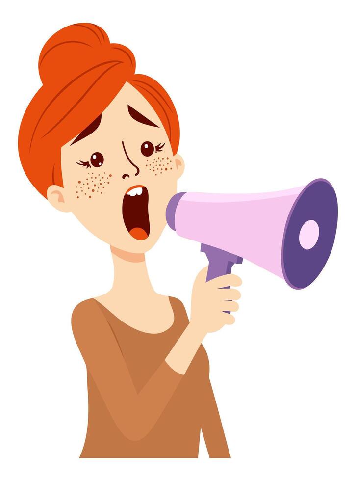 Woman shouting into megaphone. isolated illustration vector