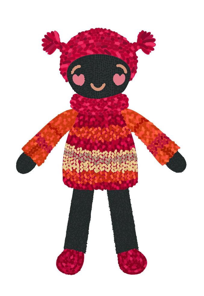 Cute knitted doll in red hat, coat and boots. isolated illustration vector