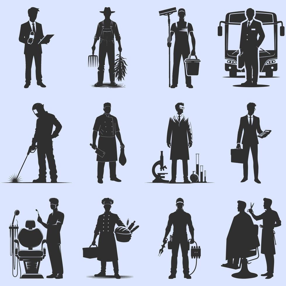 Set of different silhouettes of workers on white background, illustration vector