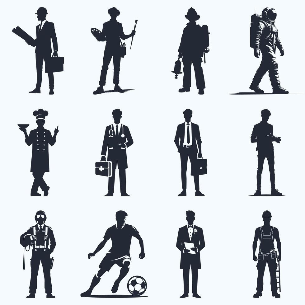 Set of silhouette of men with different professions on a white background vector