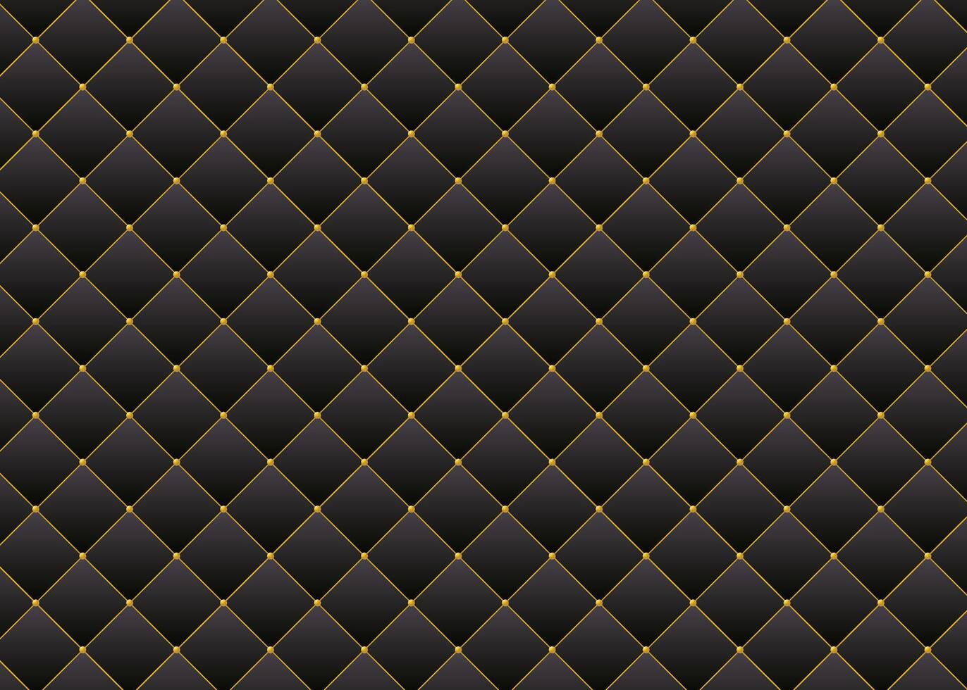 Black texture tufted upholstery leather sofa with gold stitching. Dark luxury quilted pattern background. vector