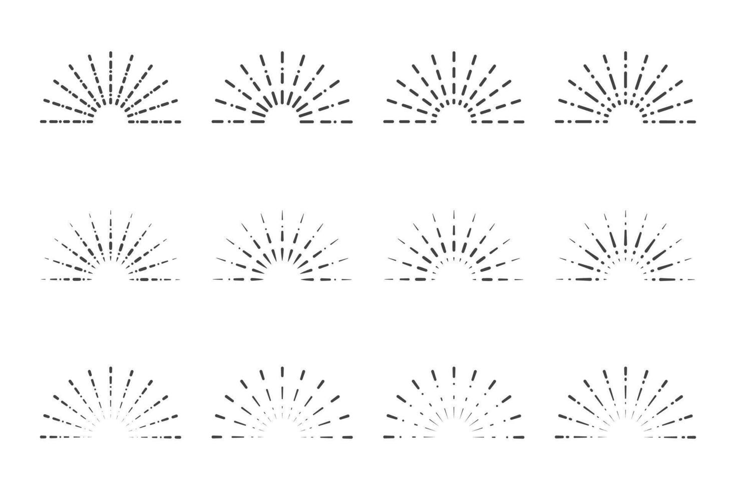 Set of twelve different shaded vintage sunburst design elements on a white background. vector