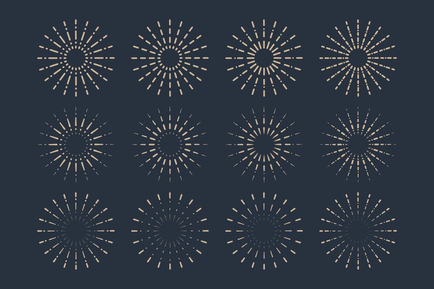 Collection of decorative sunburst shapes, displayed against a dark background. Geometric patterns and radiating lines create a vintage feel. vector