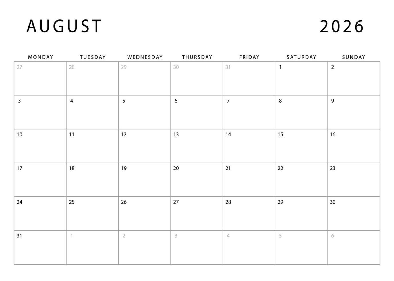 August 2026 calendar. Monthly planner template. Monday start. vector